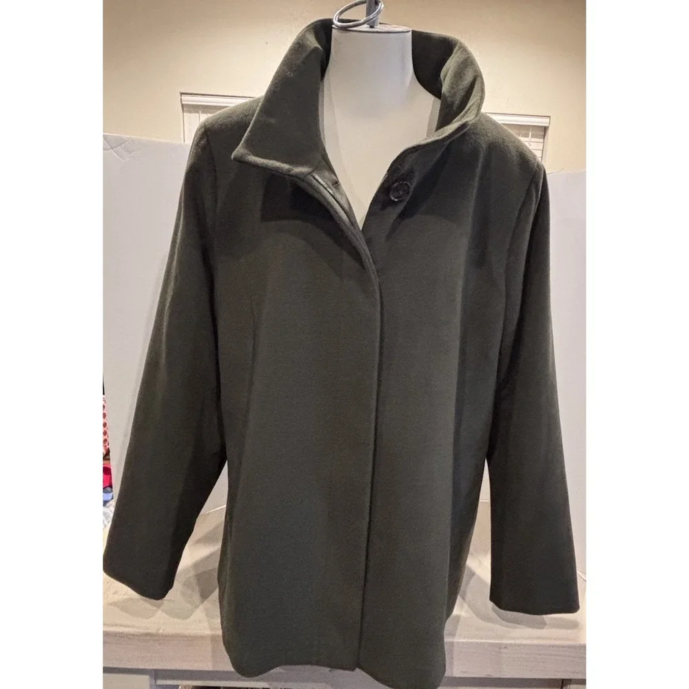 Lands End Womens Plus 18W Olive Green Peacoat Lined Hidden Button‎ Front Coat